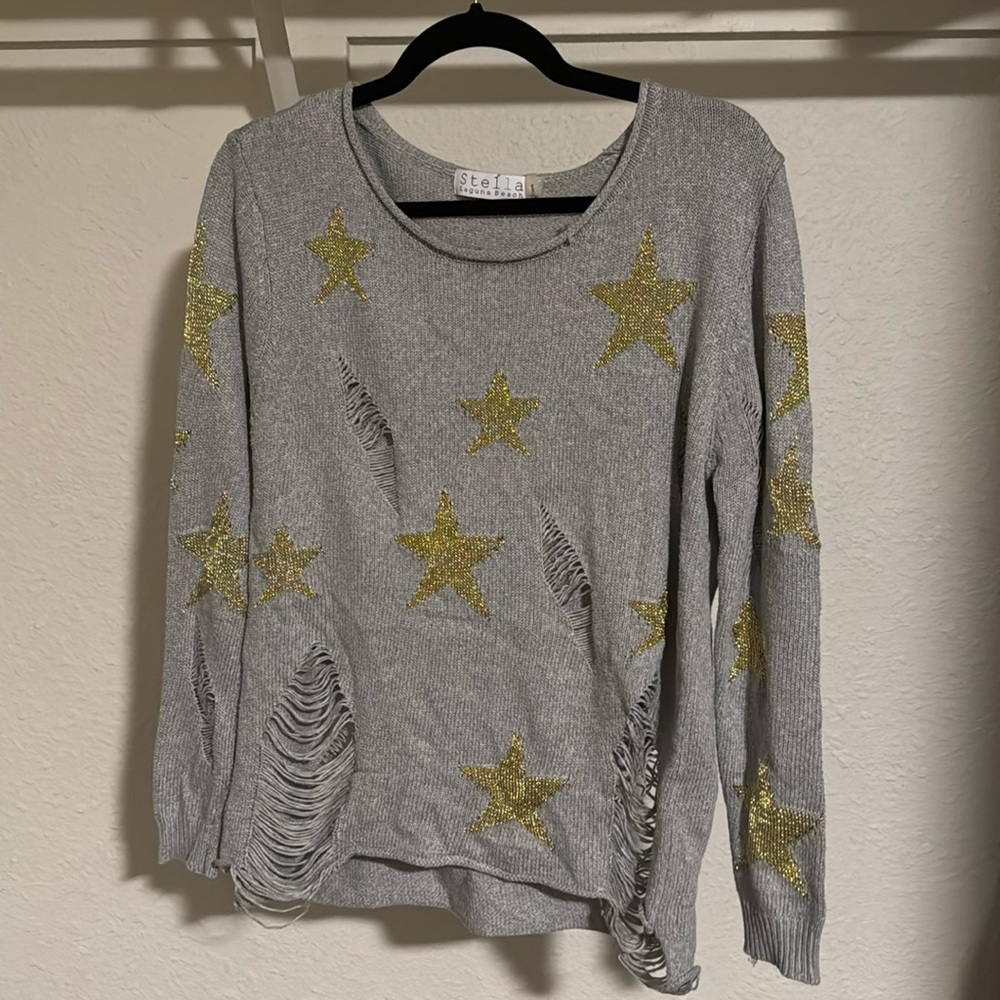 Grey Sweater with Gold Stars and Tears